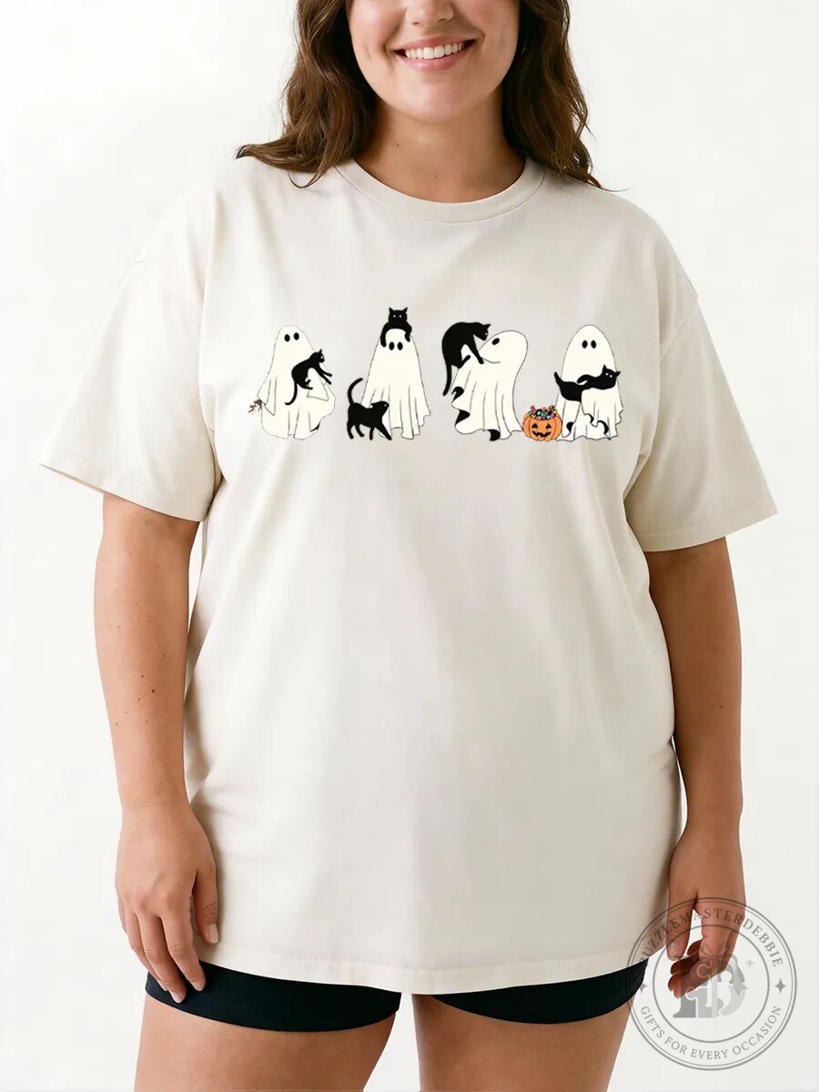 Halloween Graphic Tee with Vintage Ghost and Black Cat Design 1 Halloween Graphic Tee with Vintage Ghost and Black Cat Design
