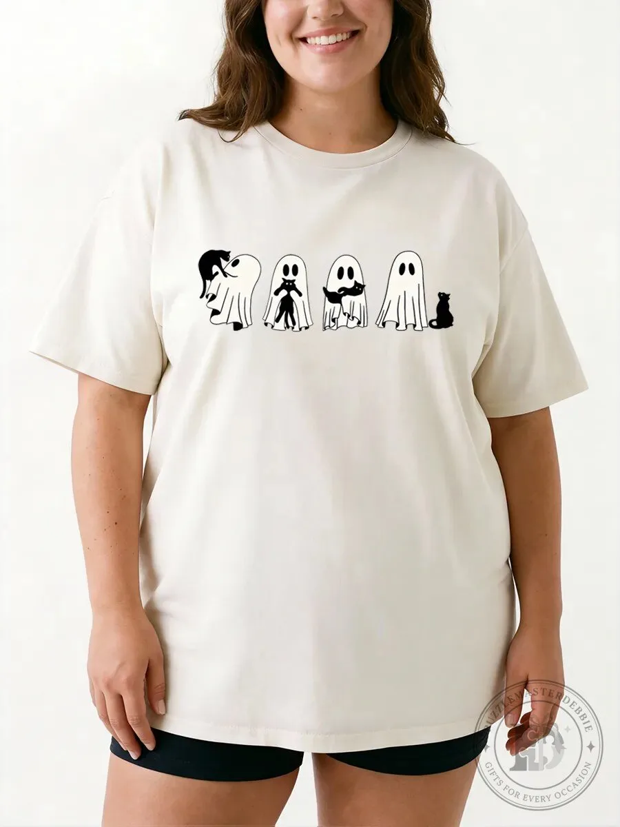 Halloween Graphic Tee with Cute Black Cat and Ghost Design for Women