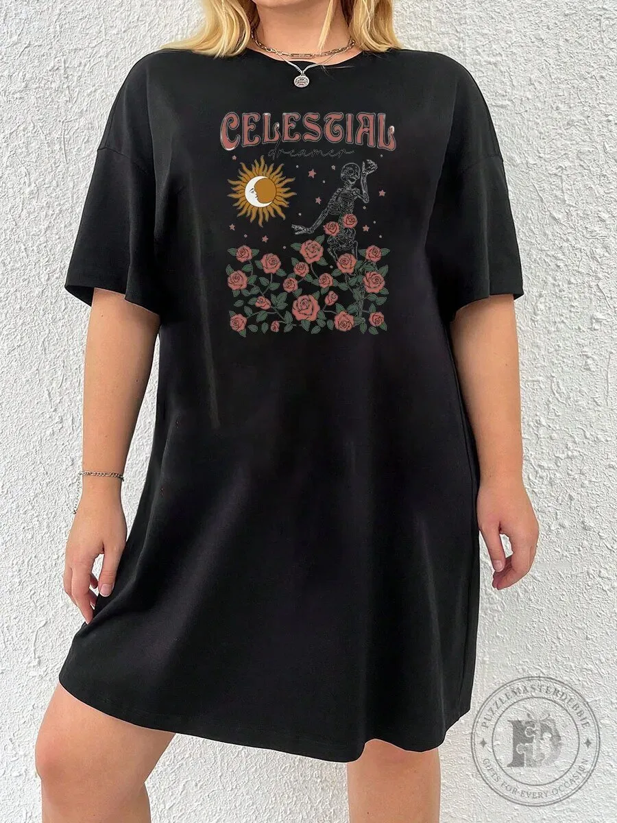 Celestial Dreamer Skeleton and Roses Oversized T-Shirt Dress
