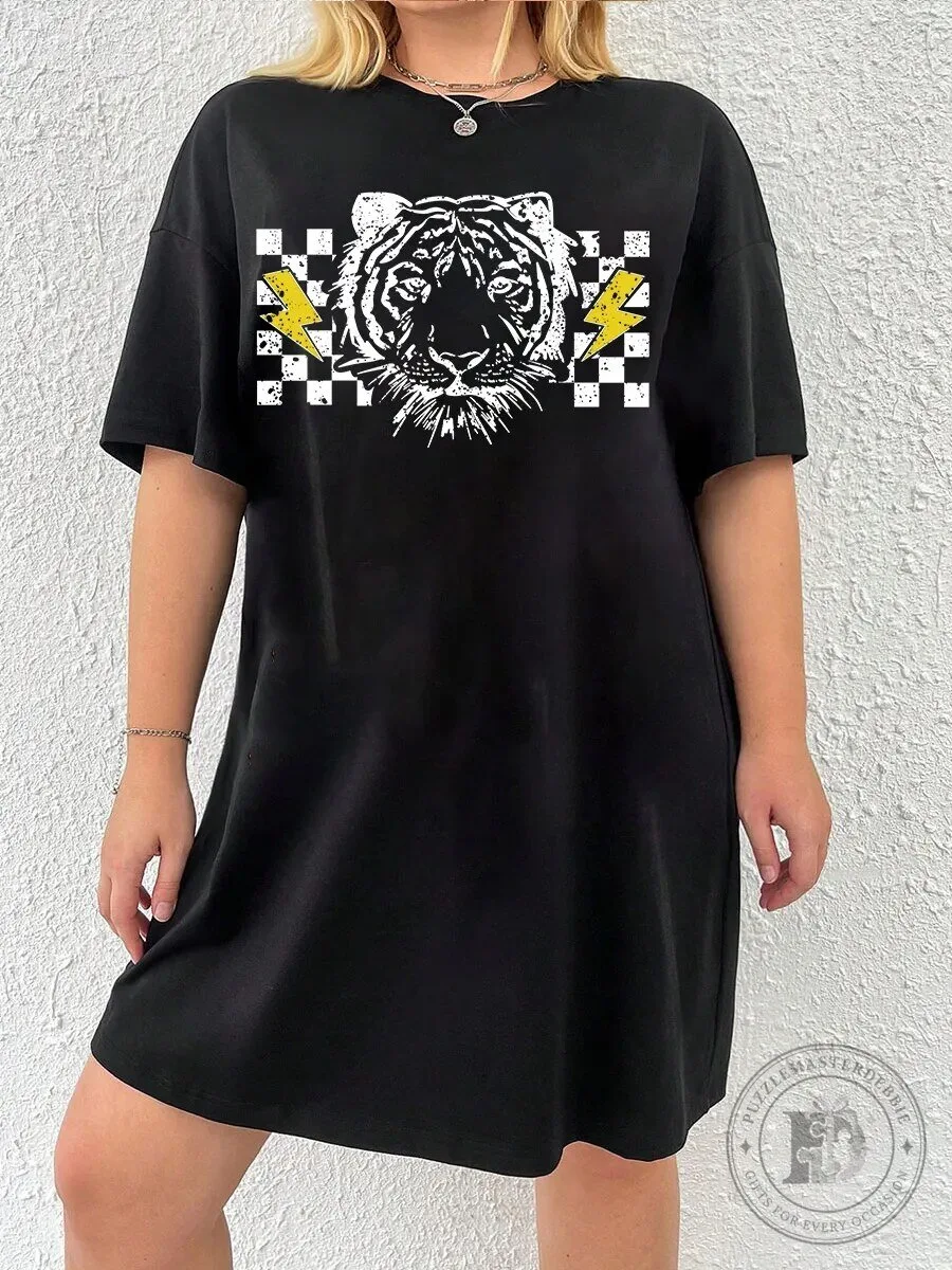 Tiger Head Checkerboard Lightning Bolt Graphic T-Shirt Dress
