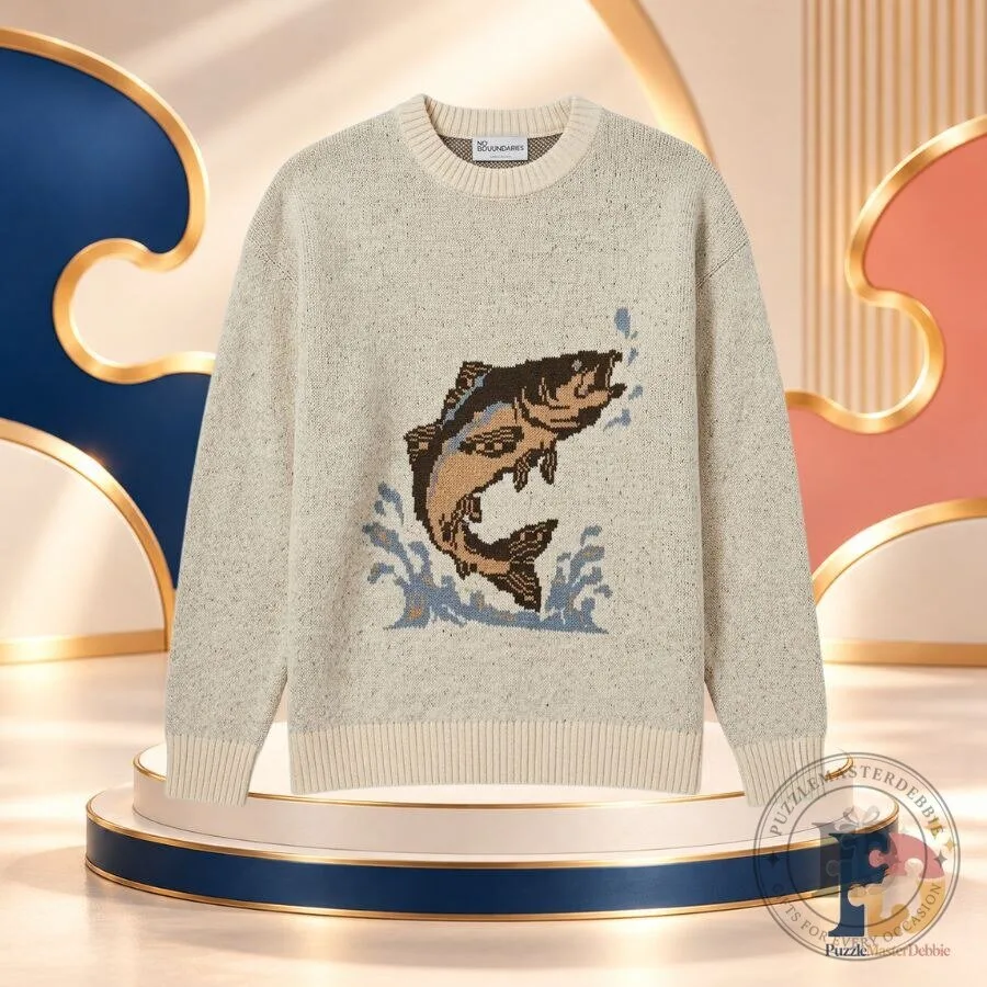 Trout Fish Graphic Knit Sweater Oversized Oatmeal Crewneck Pullover