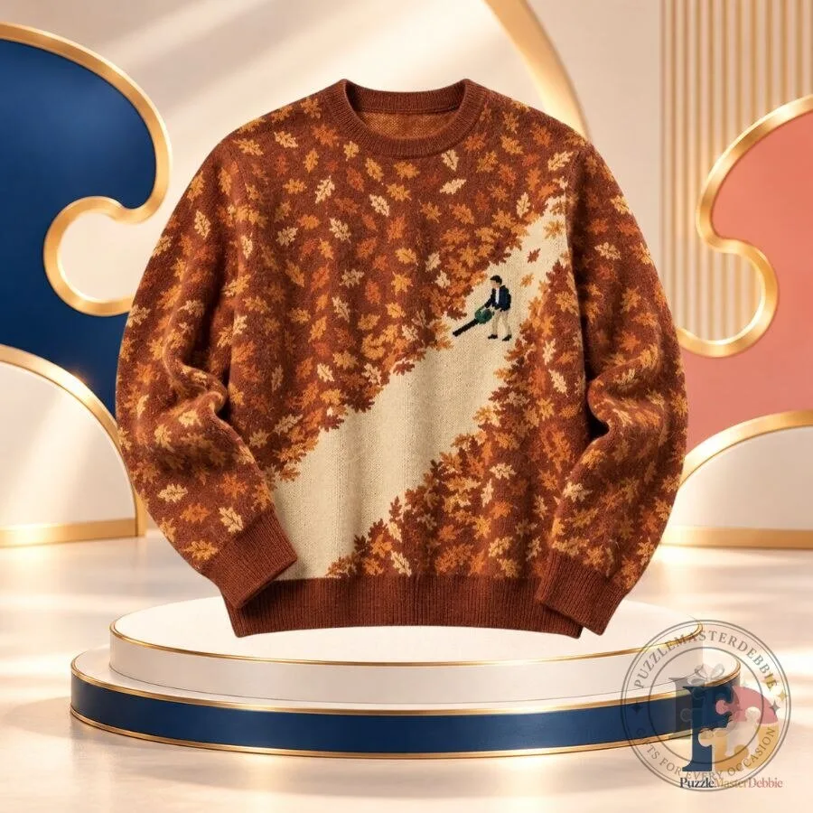 Leaf Blower Sweater Funny Autumn Leaves Landscape Knit Crewneck Pullover