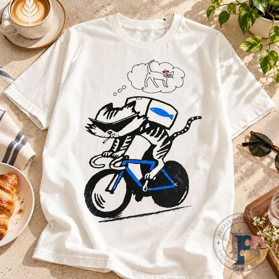 Vintage Cycling Cat T-Shirt Funny Alley Cat Riding Bicycle with Fish Backpack