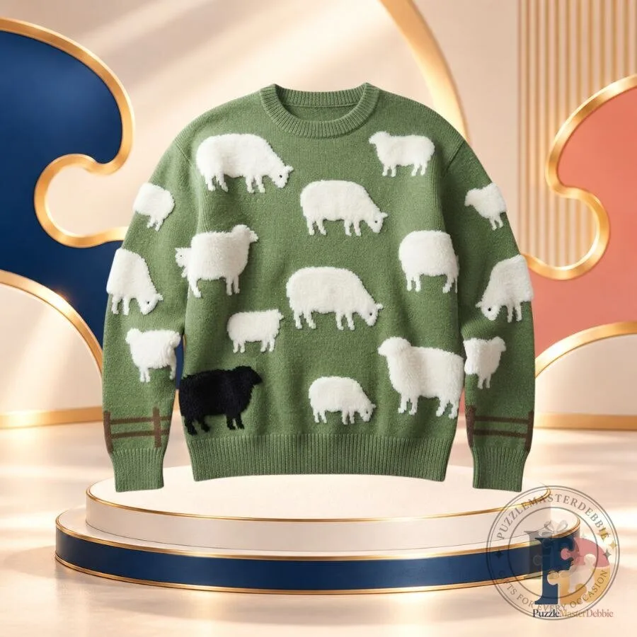 Black Sheep Green Knit Sweater White Sheep Pattern Crewneck Pullover