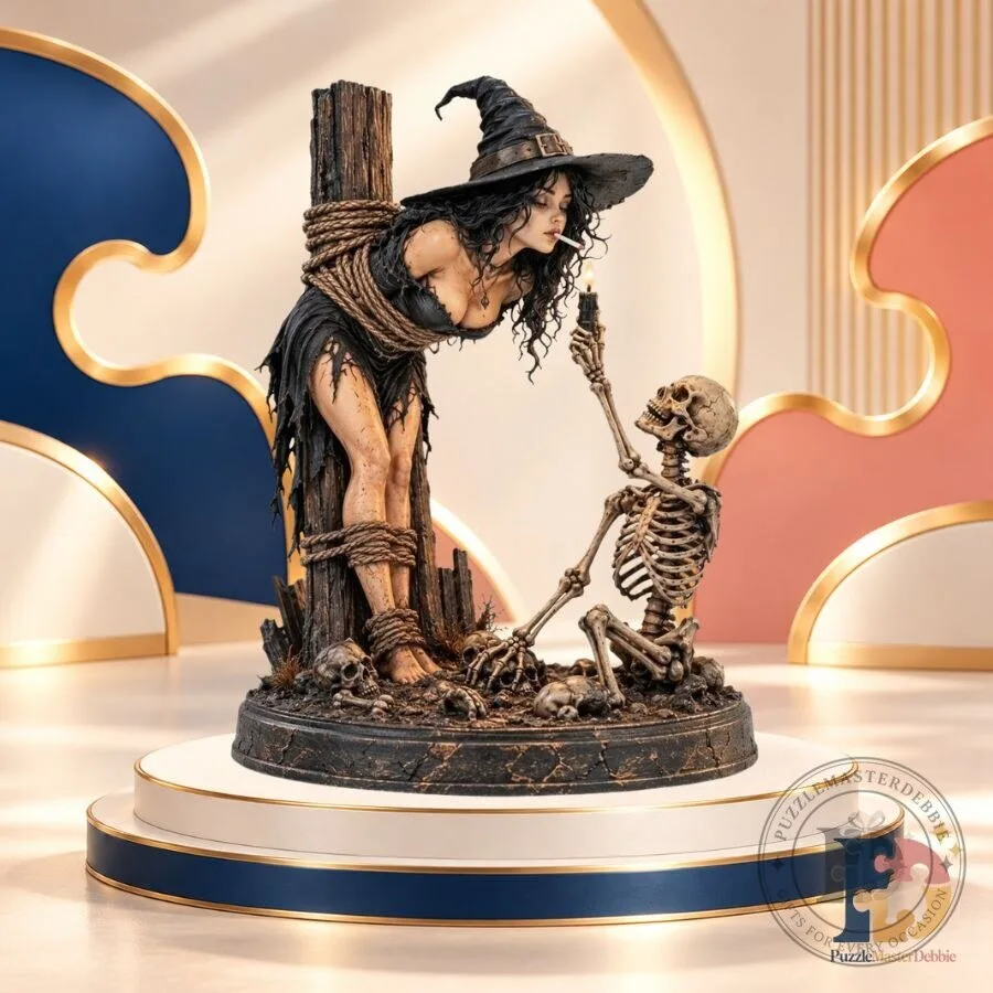 Gothic Witch and Skeleton Lighting Cigarette Spooky Halloween Figurine Statue