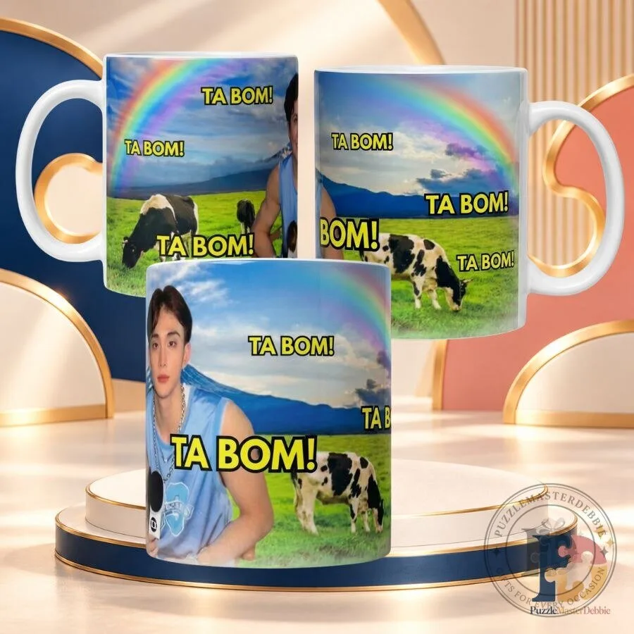 Ta Bom Mug Funny Cow Rainbow Meme White Ceramic Coffee Cup