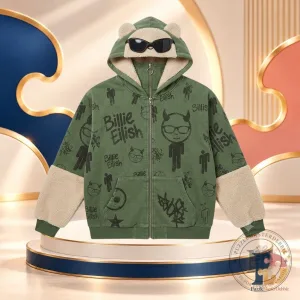 Billie Eilish Green Graffiti Devil Ear Zip-Up Hoodie 2026