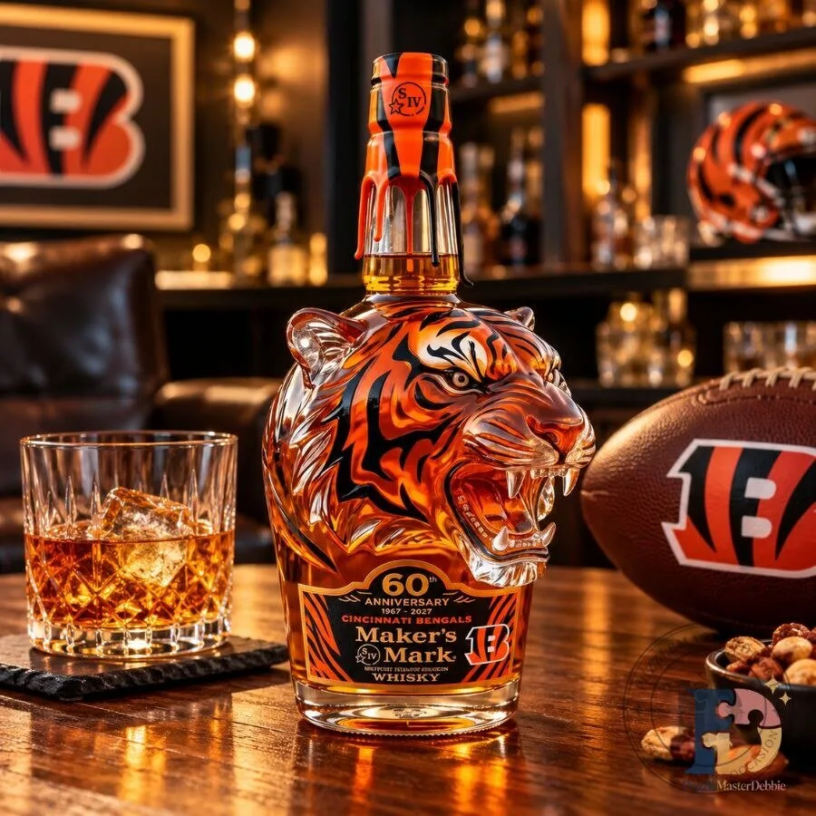 "Celebrate with Cincinnati Bengals 60th Anniversary Maker’s Mark Whiskey Bottle" 5 Cincinnati Bengals 60th Anniversary Maker’s Mark Whiskey Bottle NFL Collectible